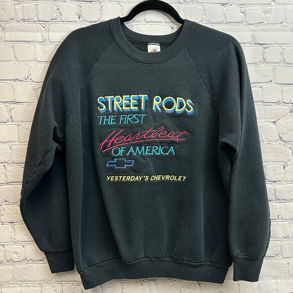 Vintage Black Crew Neck Sweater Embroidered Street Rods Chevrolet Size Large - Picture 1 of 5